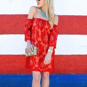 Storee Women's Off Shoulder Floral Cherry Tomato Red Lace Dress Sz M